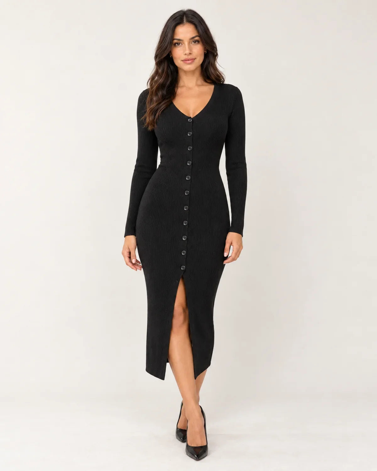 Florence | Women's Ribbed Knit Midi Dress with Button Front