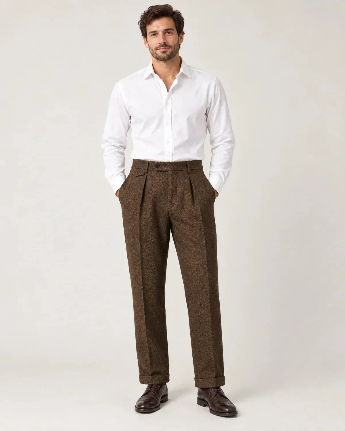 Sinclair | Men's Herringbone Pleated Straight-Leg Trousers