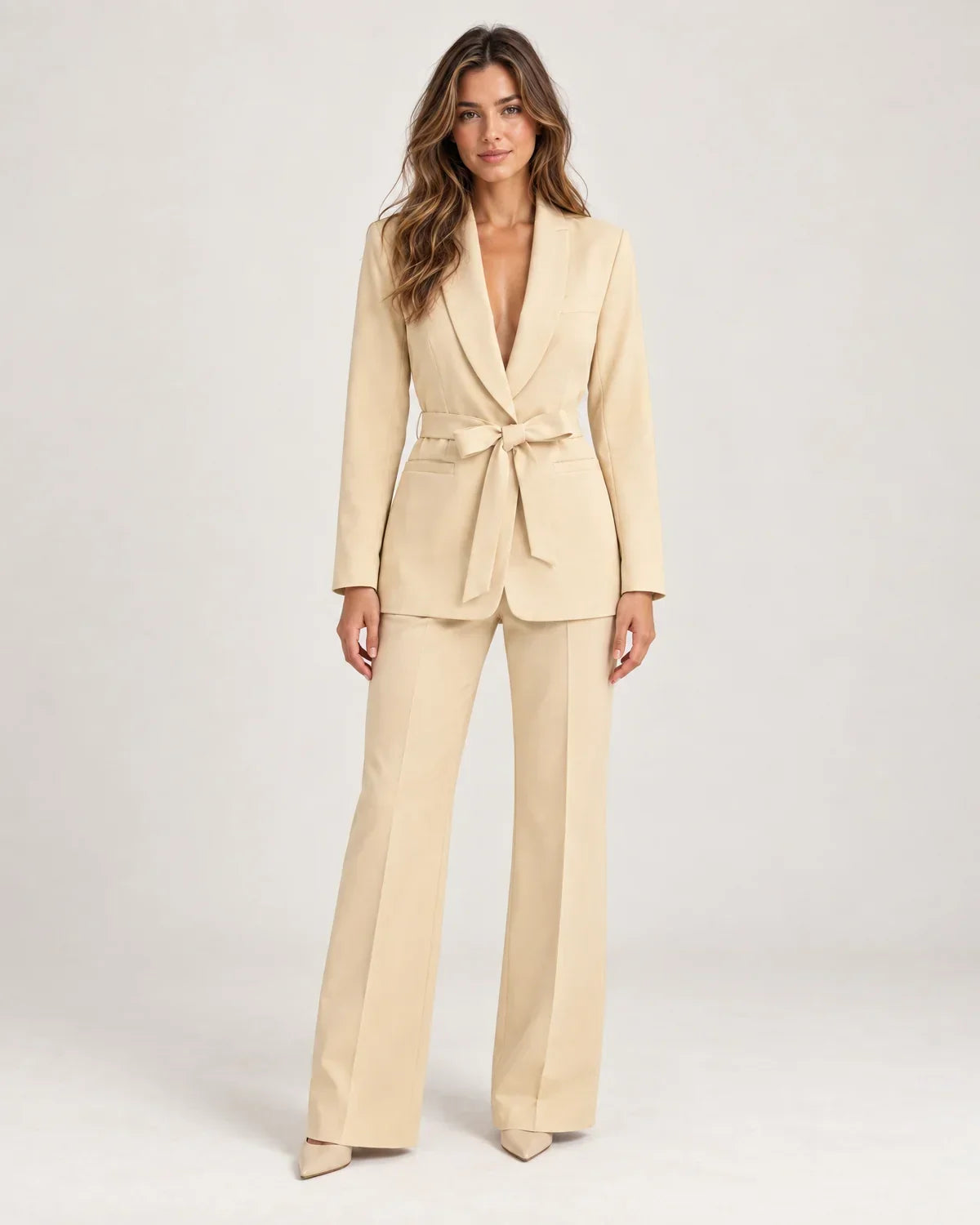 Solene | Women's Belted Blazer and High-Waisted Wide-Leg Pant Suit