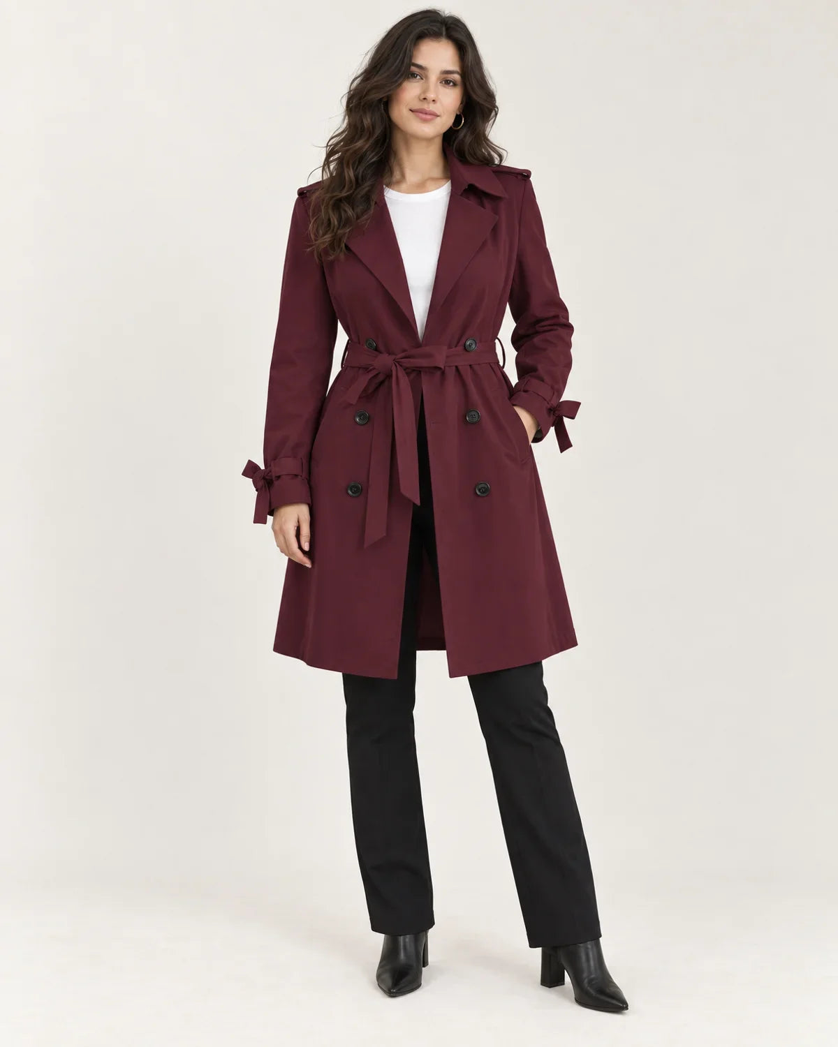 Vivienne | Women's Belted Double-Breasted Trench Coat with Tie Cuffs