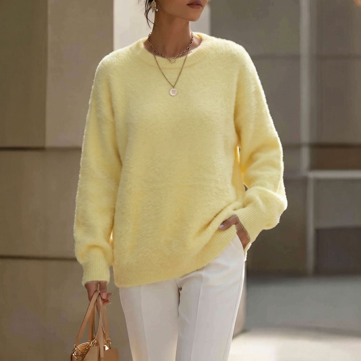 Allegra - Women's Fuzzy Crew Neck Relaxed Sweater