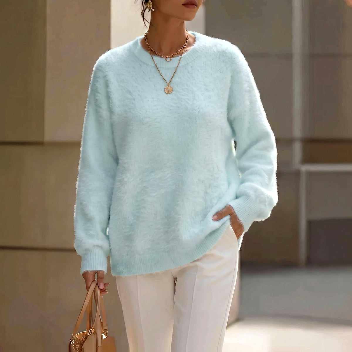 Allegra - Women's Fuzzy Crew Neck Relaxed Sweater