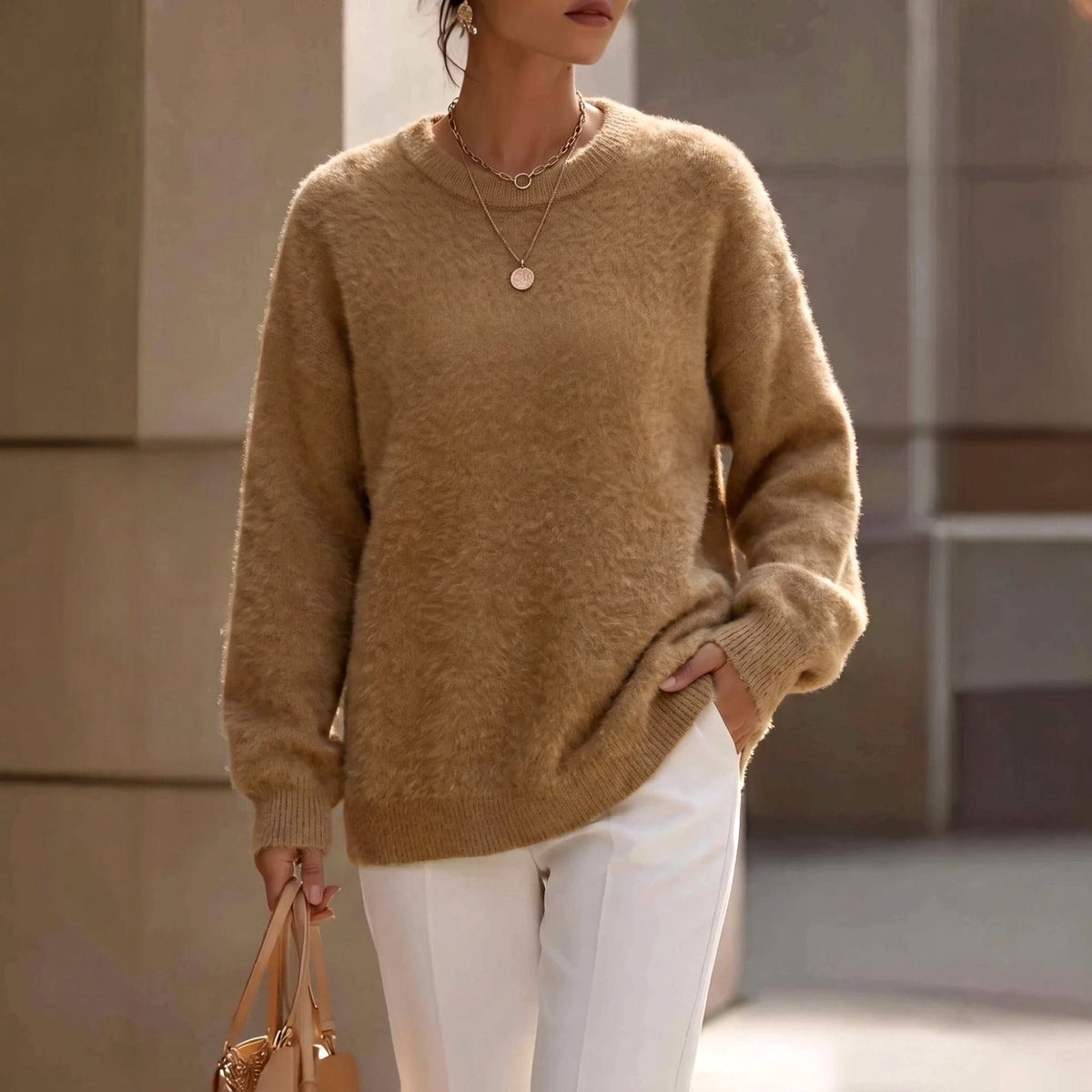 Allegra - Women's Fuzzy Crew Neck Relaxed Sweater