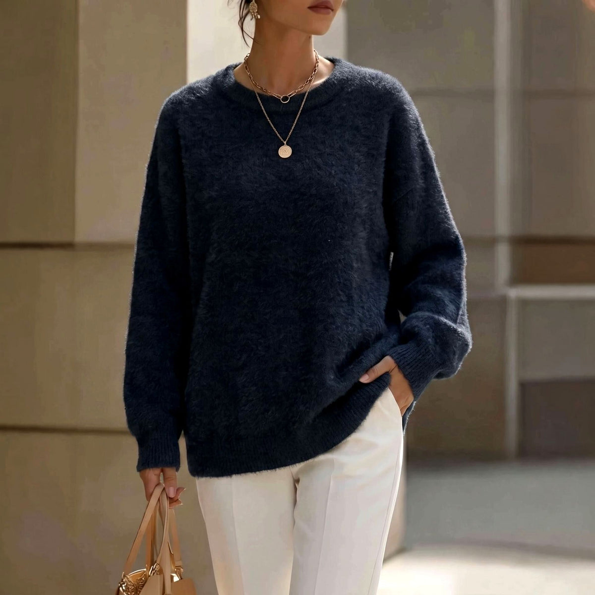 Allegra - Women's Fuzzy Crew Neck Relaxed Sweater