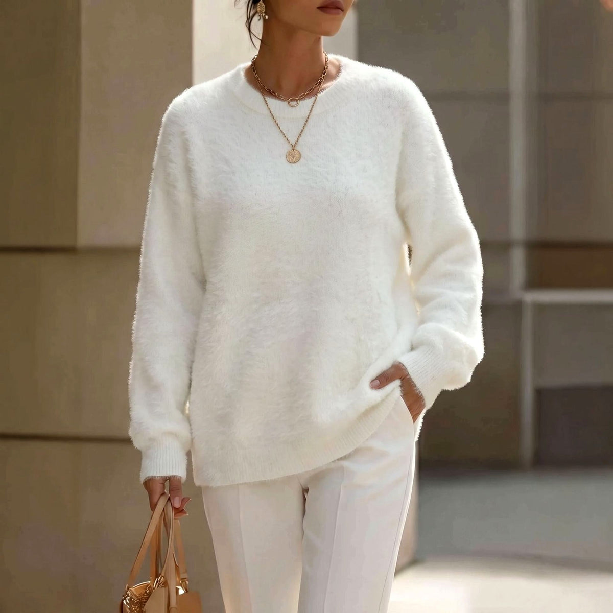 Allegra - Women's Fuzzy Crew Neck Relaxed Sweater