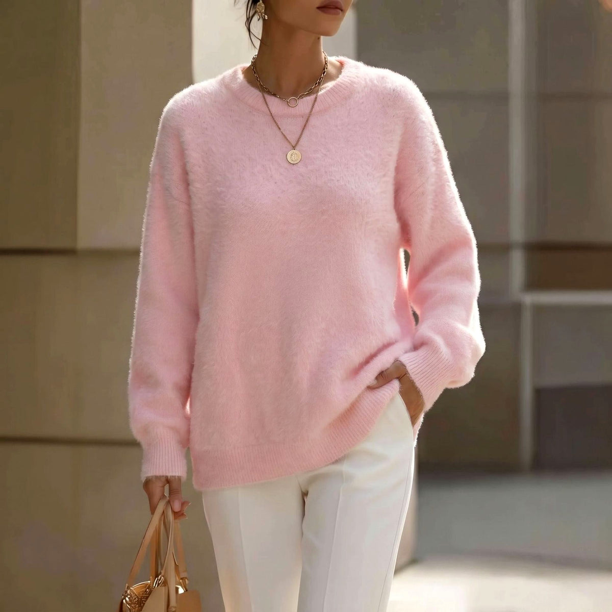 Allegra - Women's Fuzzy Crew Neck Relaxed Sweater