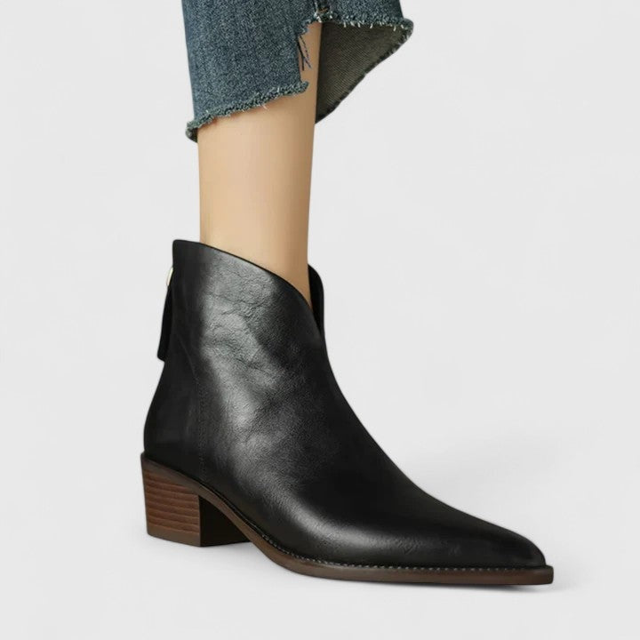 Ashley | Women's Leather Western Ankle Boots Flat Pointed Toe