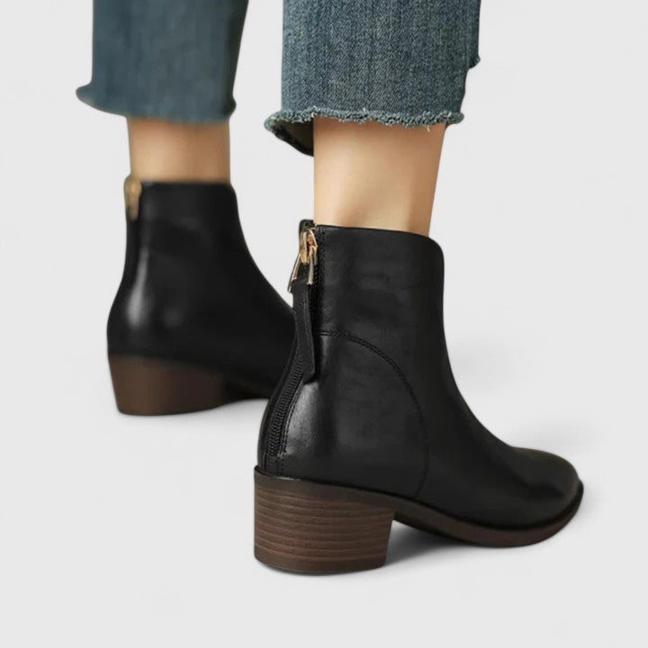 Ashley | Women's Leather Western Ankle Boots Flat Pointed Toe