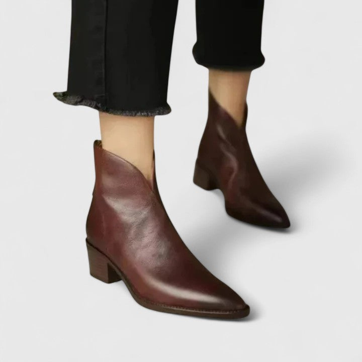 Ashley | Women's Leather Western Ankle Boots Flat Pointed Toe