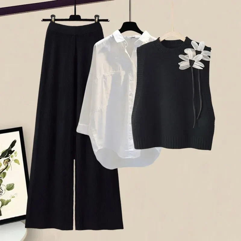 Lucy | Women's 3 Piece Knit Set Floral Vest Wide Leg Pants