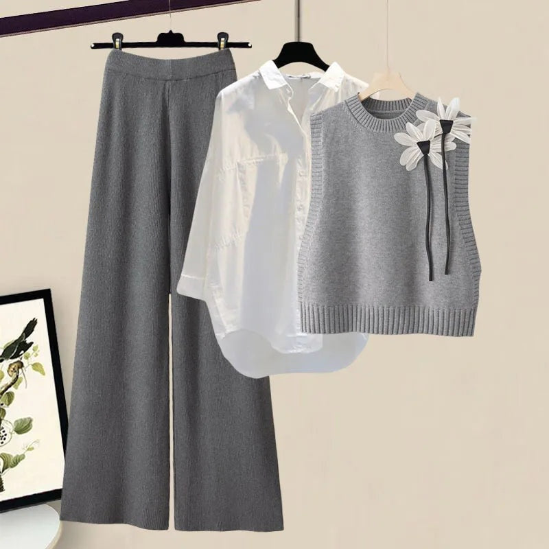 Lucy | Women's 3 Piece Knit Set Floral Vest Wide Leg Pants