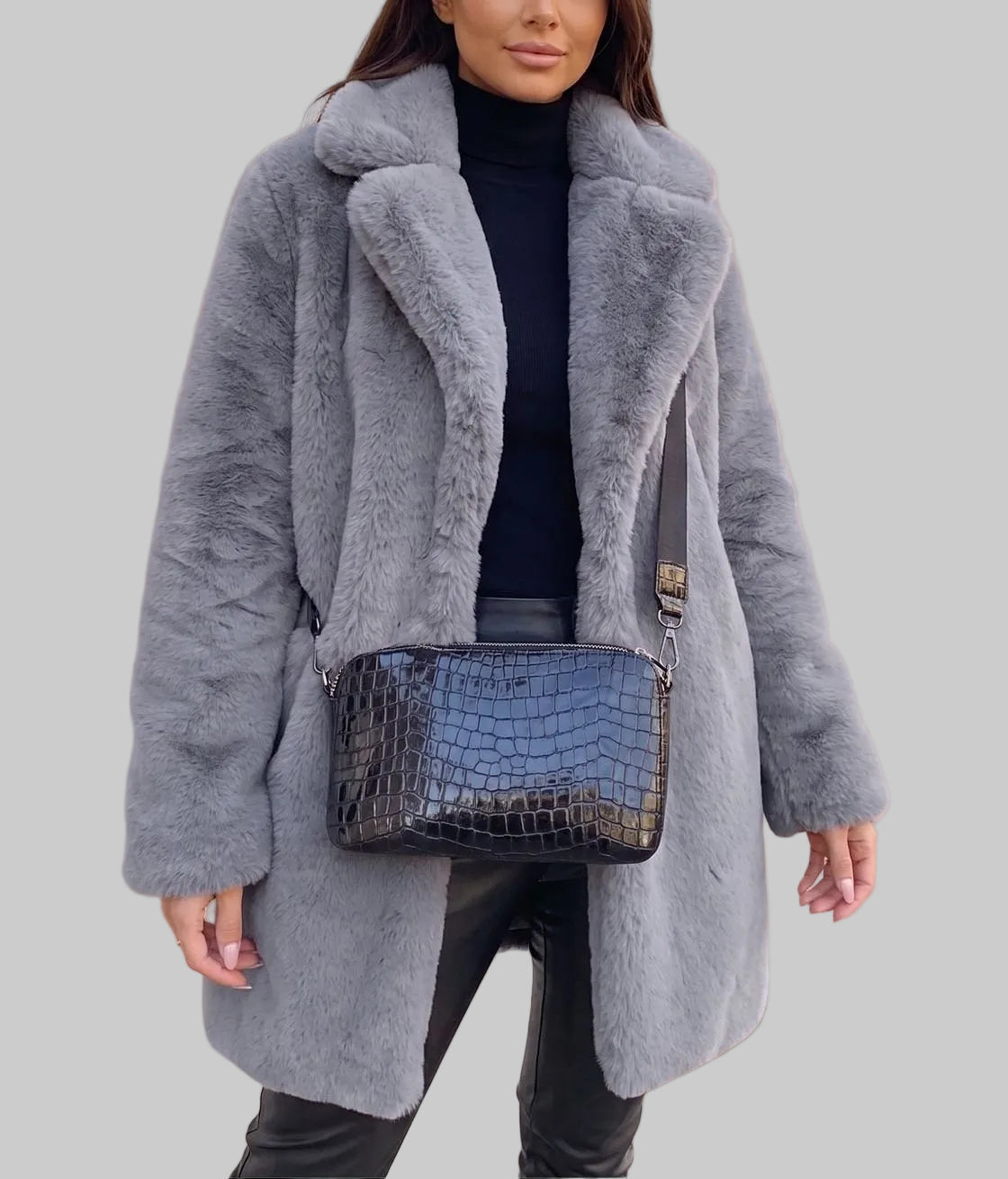 Alora - Women's Longline Faux-Fur Coat with Notch Lapels