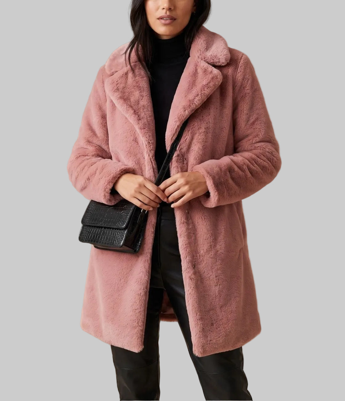 Alora - Women's Longline Faux-Fur Coat with Notch Lapels