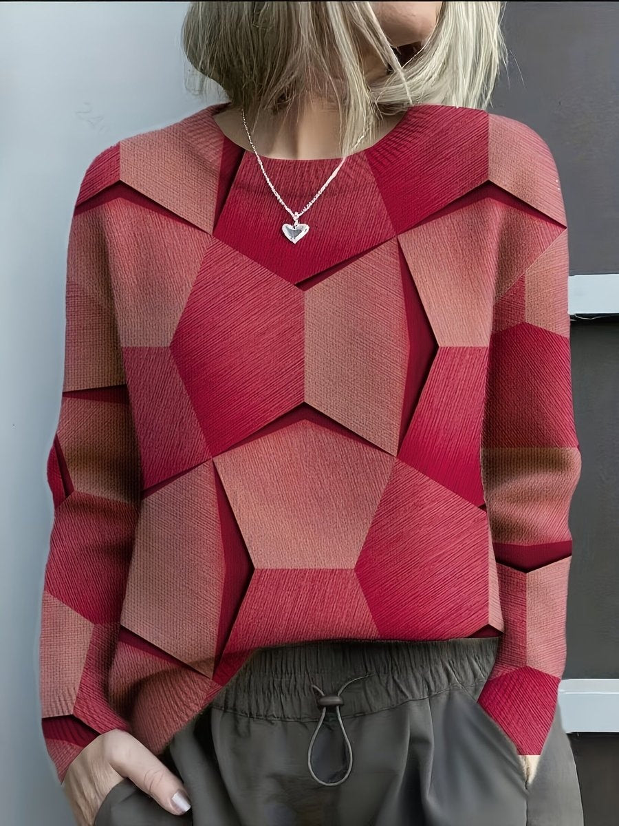 Mia | Women's Lightweight Geometric Sweater Long Sleeve Crew Neck