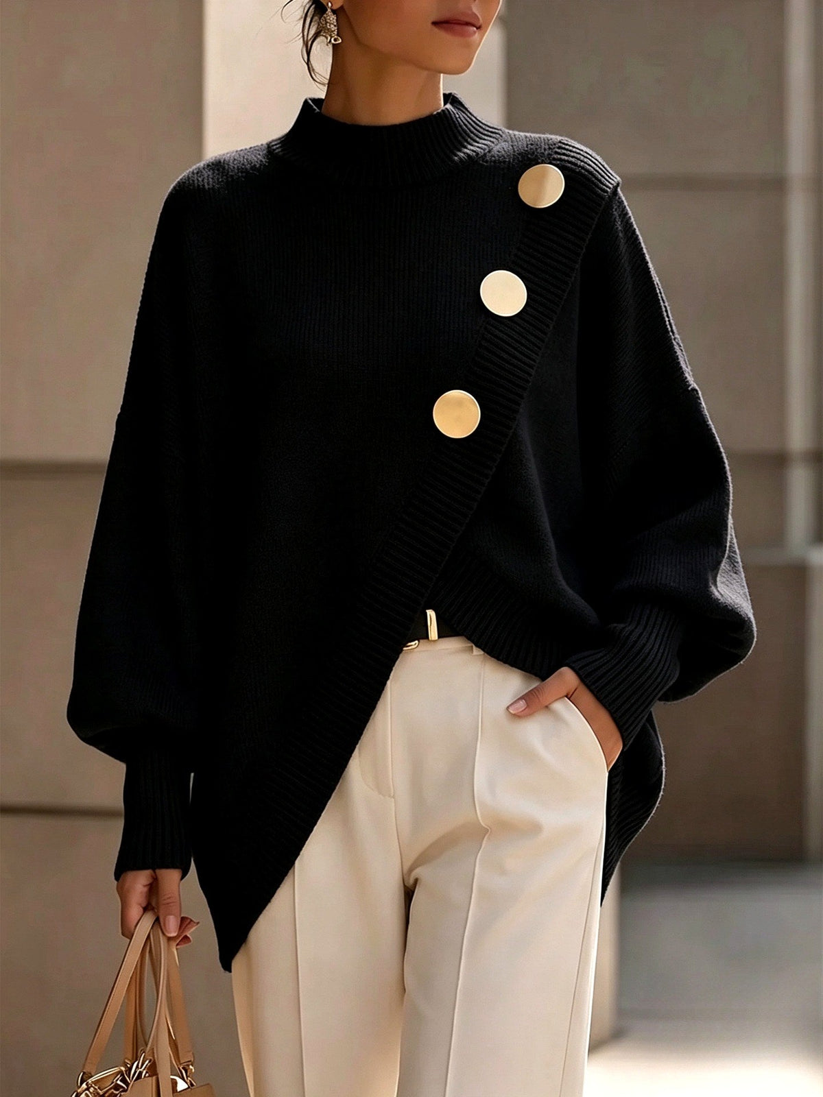 Amirah – Women’s Asymmetric Button Detail Knit Sweater