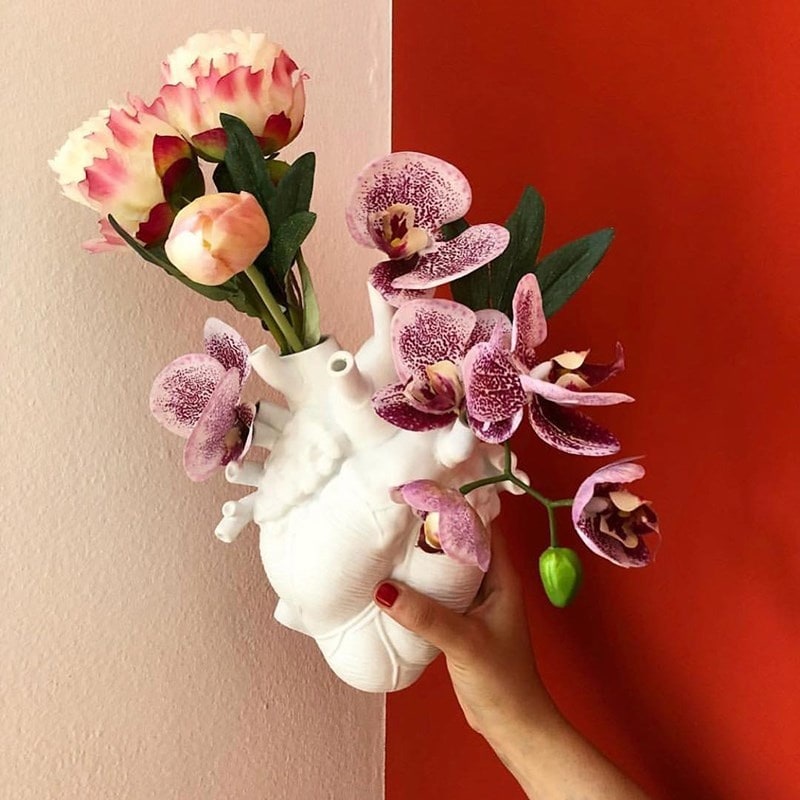 Anatomical Heart Shaped Flower Vase with Textured Vein Details and Bud Decoration Cut Glass