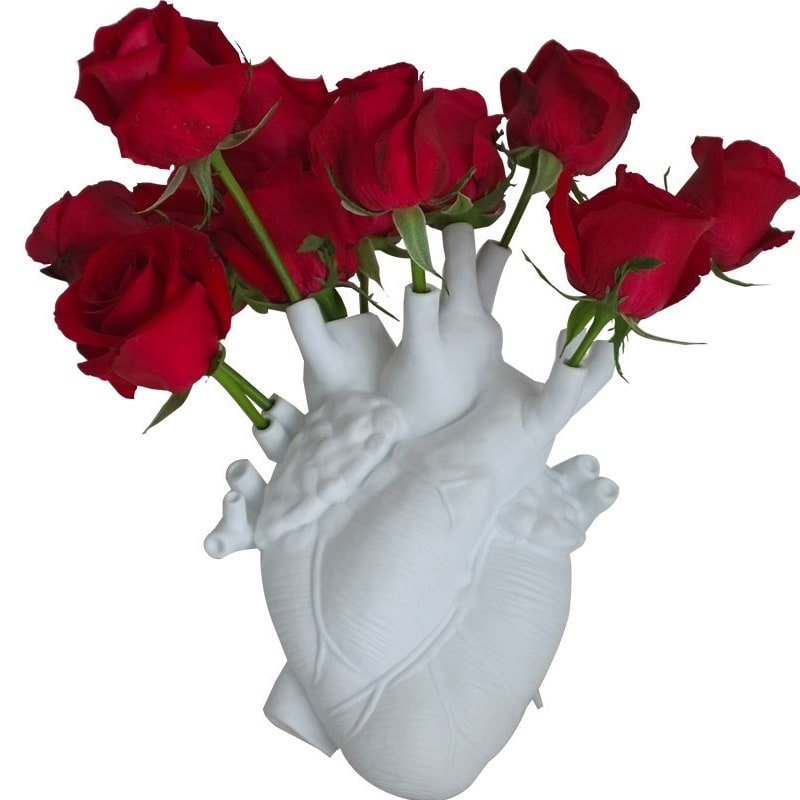 Anatomical Heart Shaped Flower Vase with Textured Vein Details and Bud Decoration Cut Glass