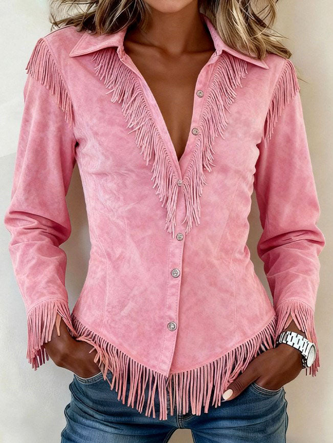 Annika - Women's Suede Button-Front Fringe Shirt