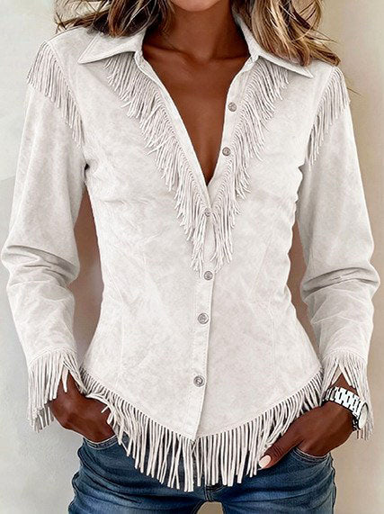 Annika - Women's Suede Button-Front Fringe Shirt