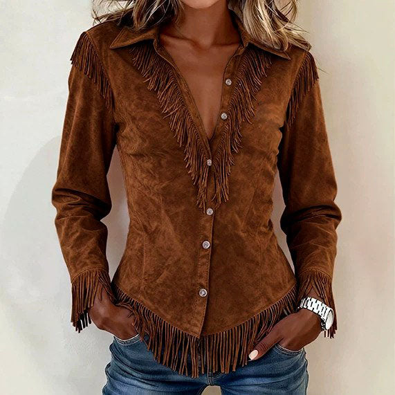 Annika - Women's Suede Button-Front Fringe Shirt
