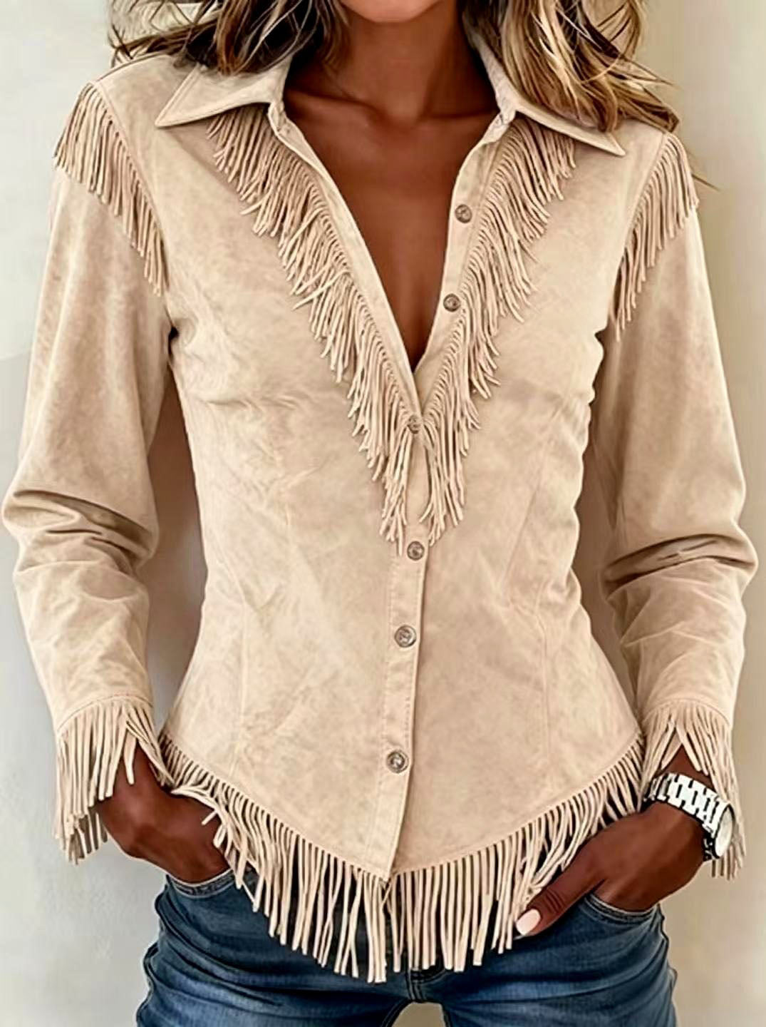 Annika - Women's Suede Button-Front Fringe Shirt