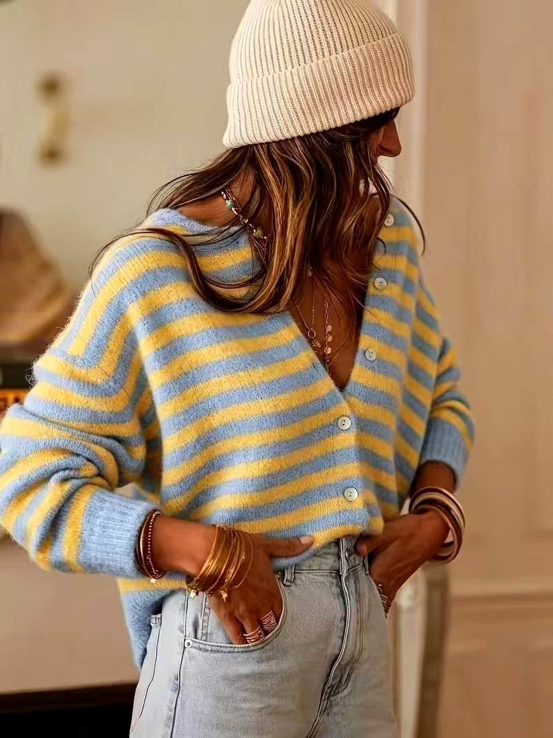 Antoinette - Women’s Striped V-Neck Fuzzy Knit Cardigan