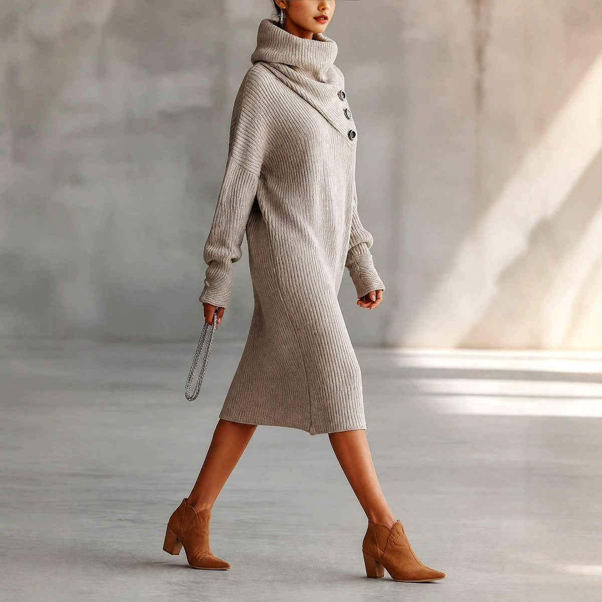 Arianwen - Women's Ribbed Turtleneck Sweater Dress
