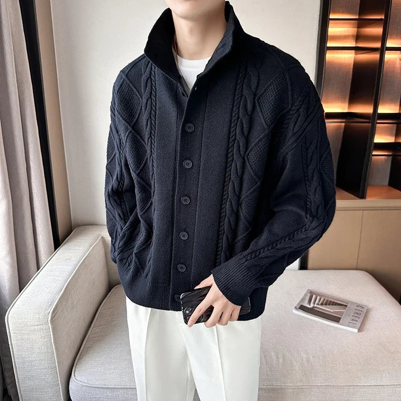 Samuel | Men's Cable Knit Cardigan Sweater High Collar Button Up