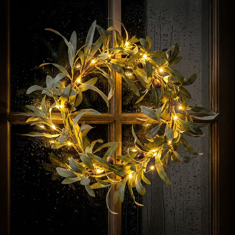 Artificial Olive Leaf Door Wreath with Warm Fairy Lights