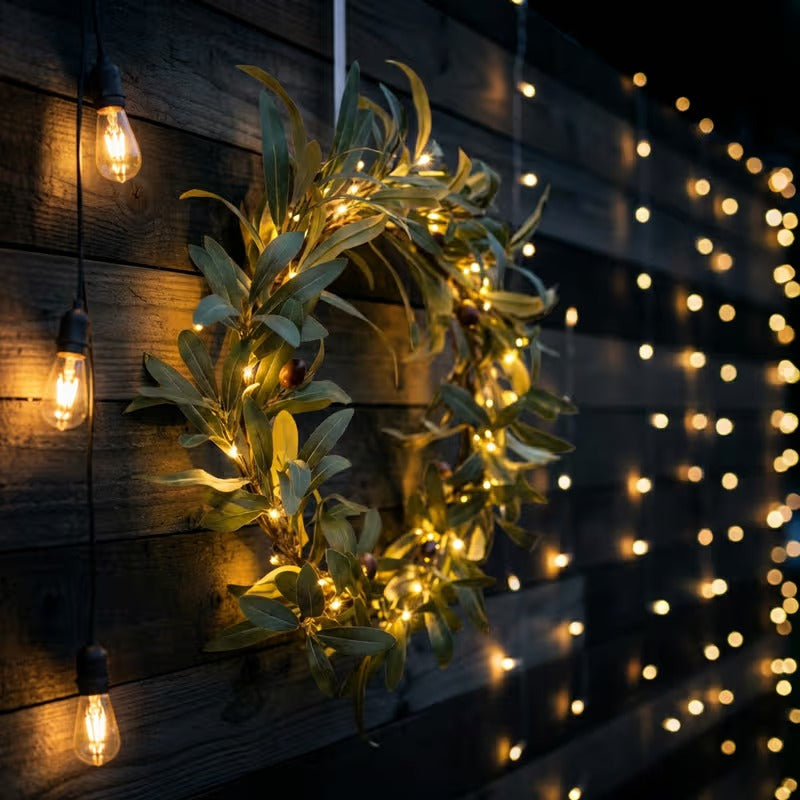 Artificial Olive Leaf Door Wreath with Warm Fairy Lights