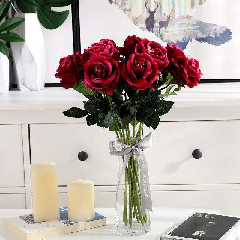 Artificial Rose Stems | Silk-Look Flannel Petals & Flexible Stem | Set of 10