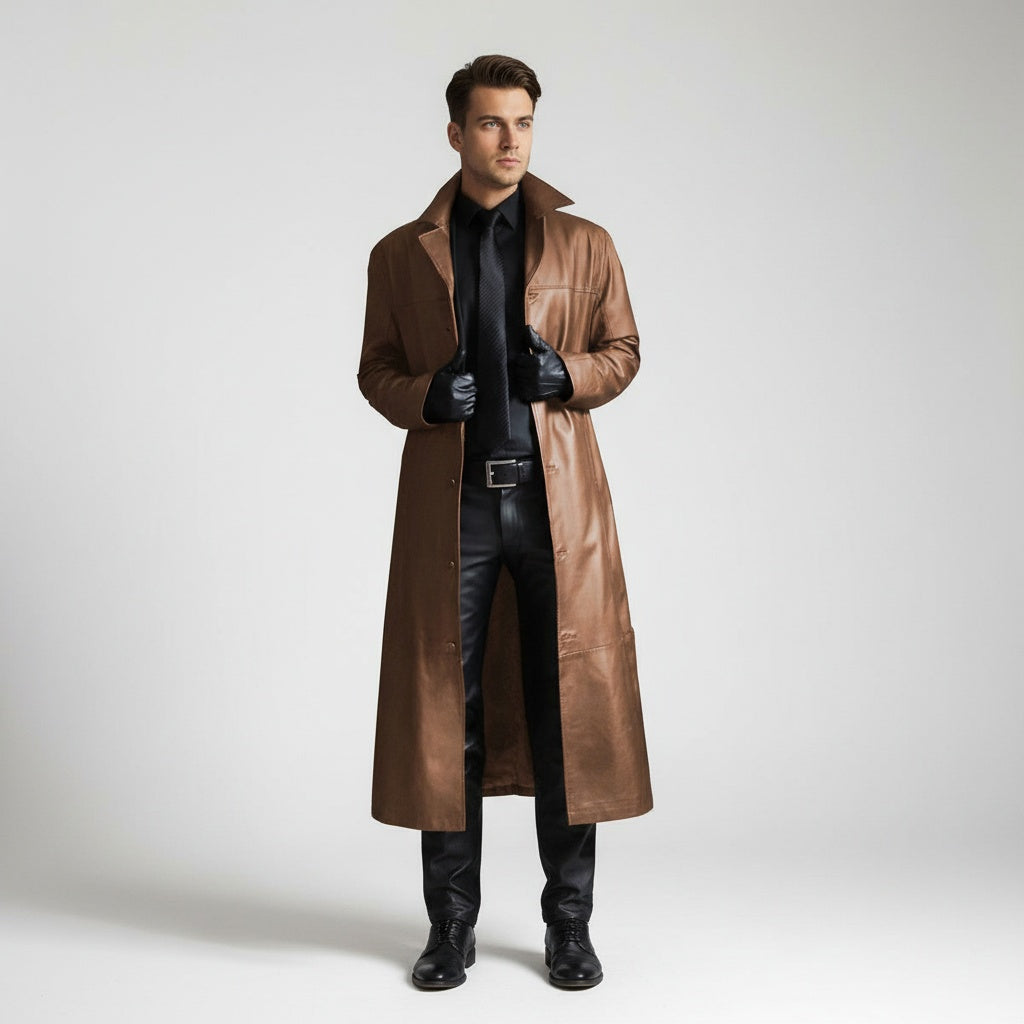 Shane | Men's Long Leather Jacket Lapel Collar