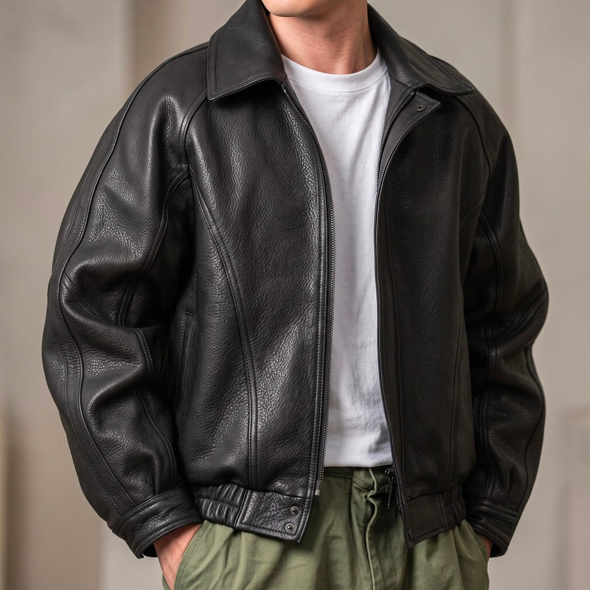 Men's Relaxed Faux Leather Bomber Jacket