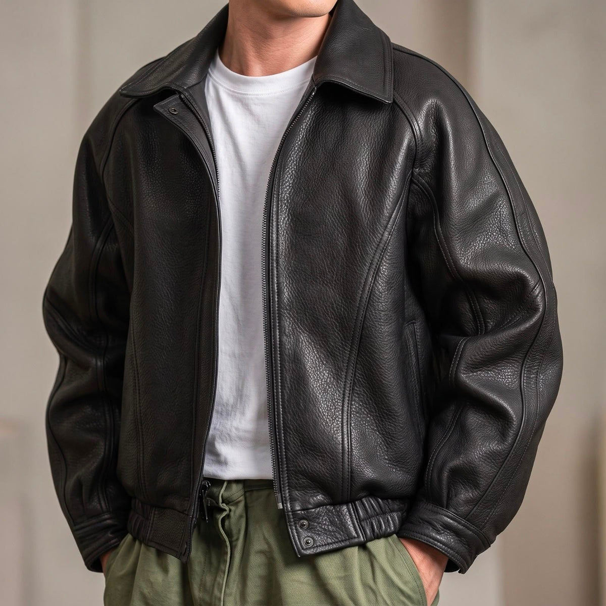 Atlas | Men's Leather Bomber Jacket with Zip-Up Closure