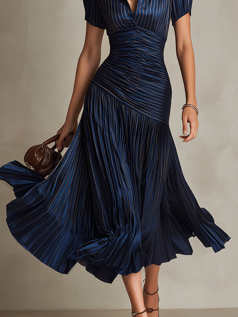 Adriana - Short Sleeve Pleated Retro Striped Satin Midi Dress
