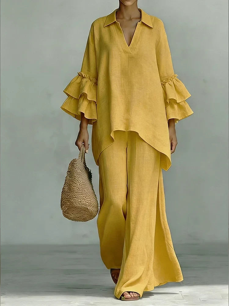 Casual Linen And Cotton Shirt And Wide-leg Pants Two-piece Set