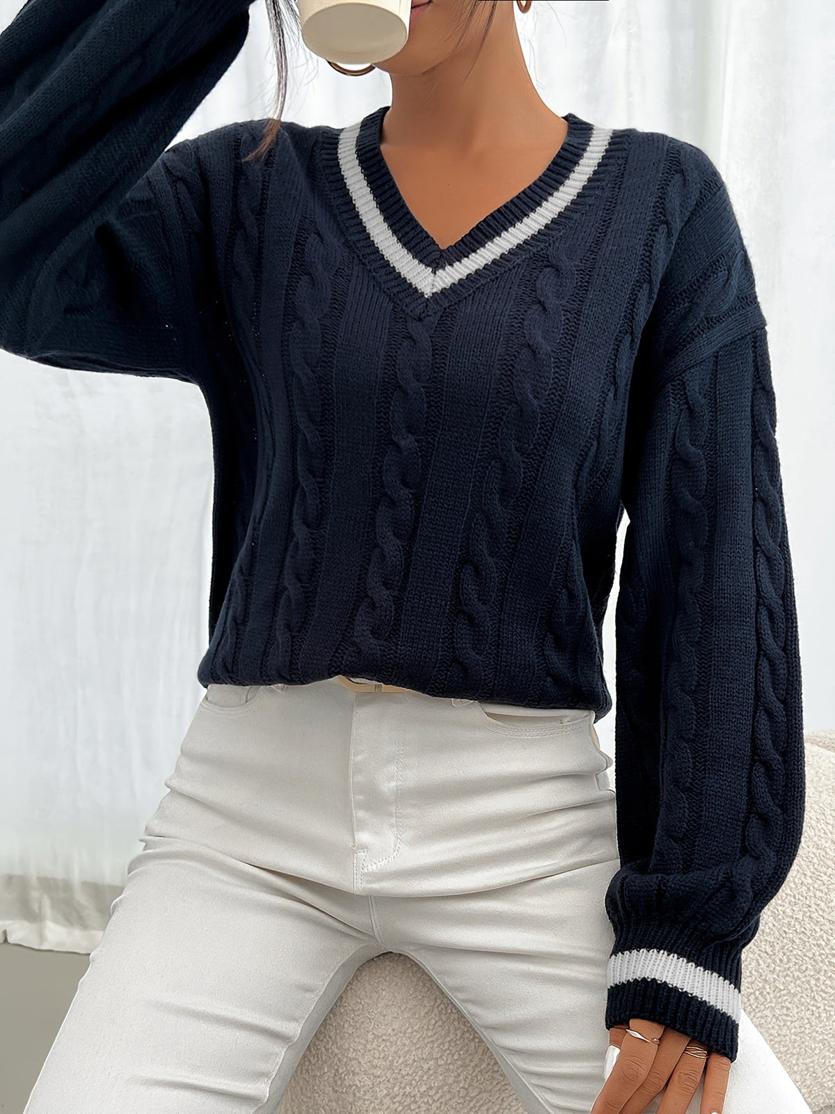 Camryn | V Neck Cable Knit Sweater