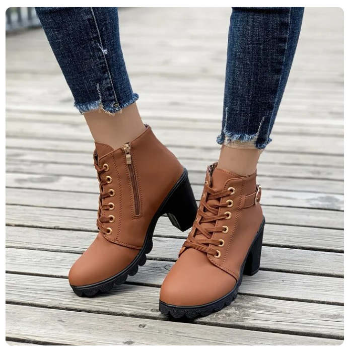 Women's Lace-Up Ankle Boots with Block Heel and Side Zip