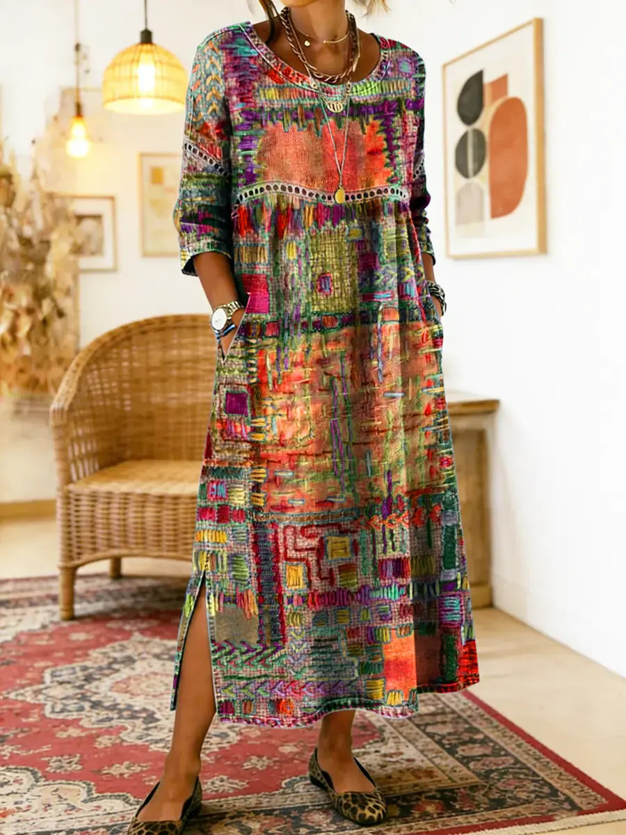 Manuela | Boho Printed Denim Dress with Ethnic Patchwork