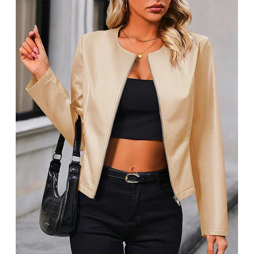 Women's Collarless Zip-Front Jacket Slim Fit Short Length