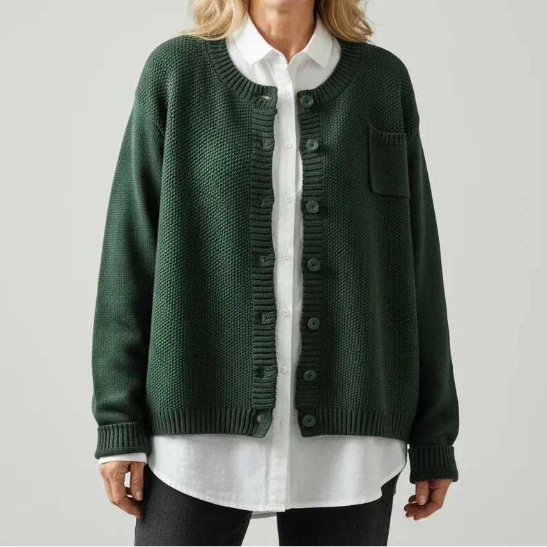 Women’s Textured Knit Button-Up Cardigan with Round Neck and Chest Pocket – Relaxed Classic Layer for Spring and Autumn
