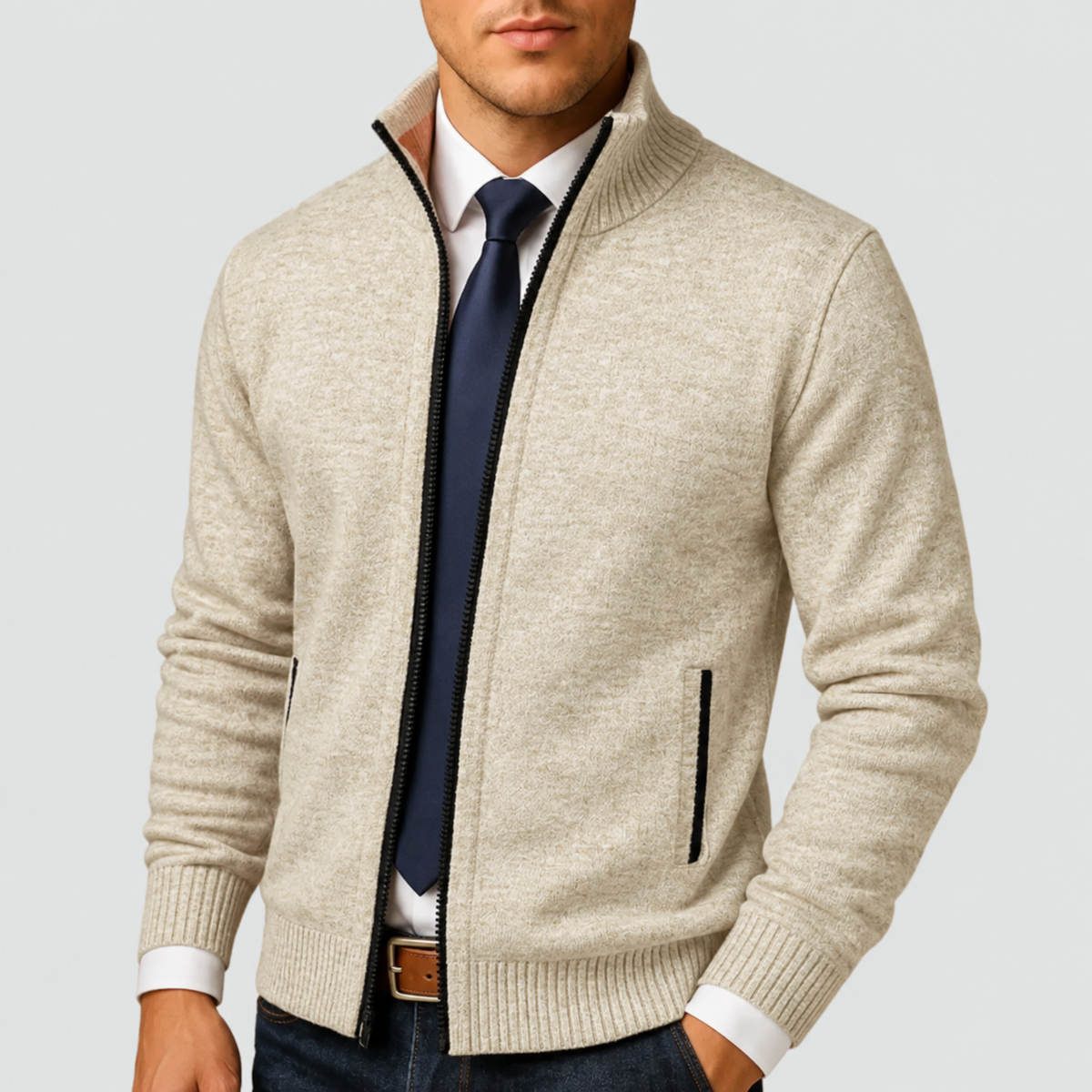 Men's Knitted Zip Cardigan with Stand Collar