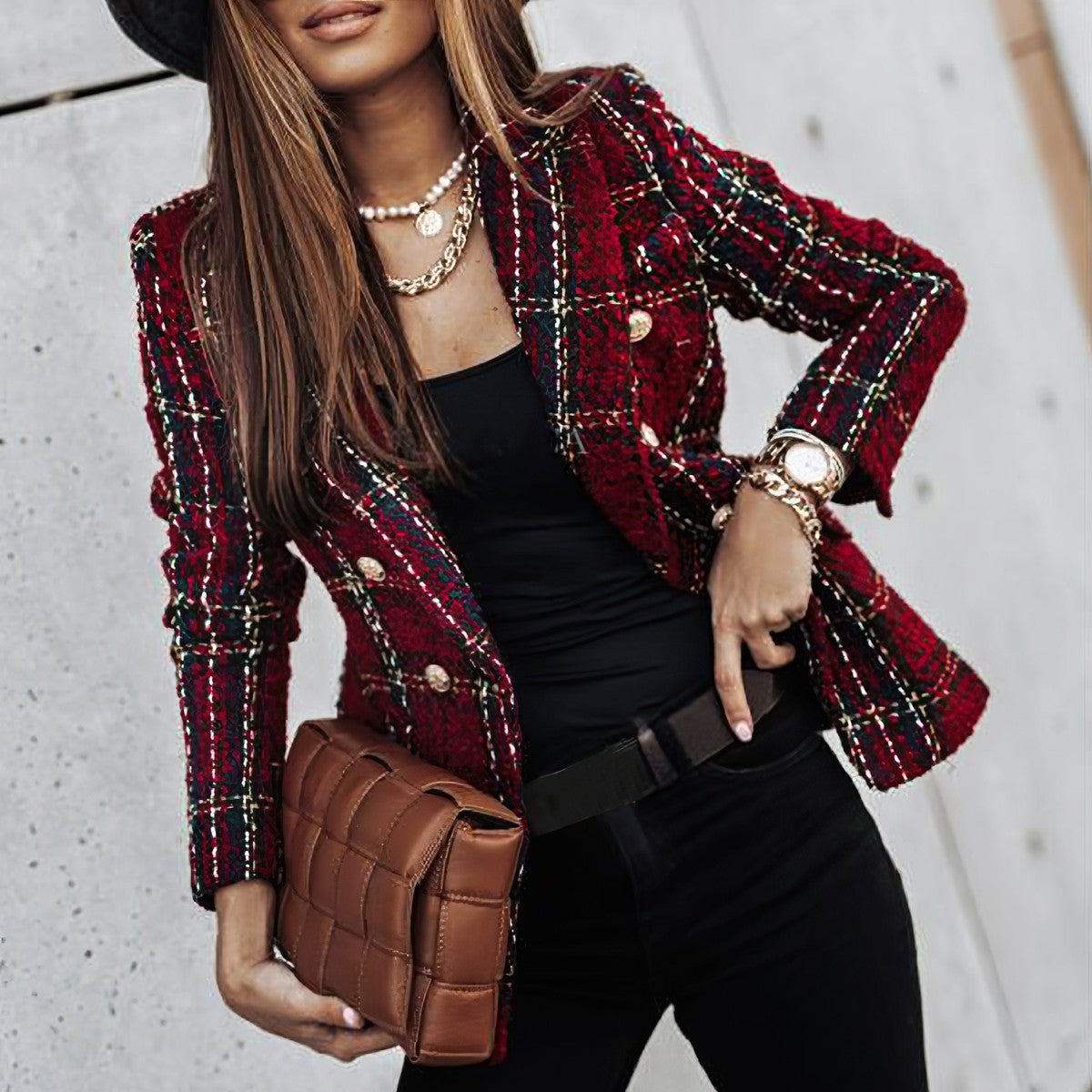 Women's Double Breasted Check Blazer