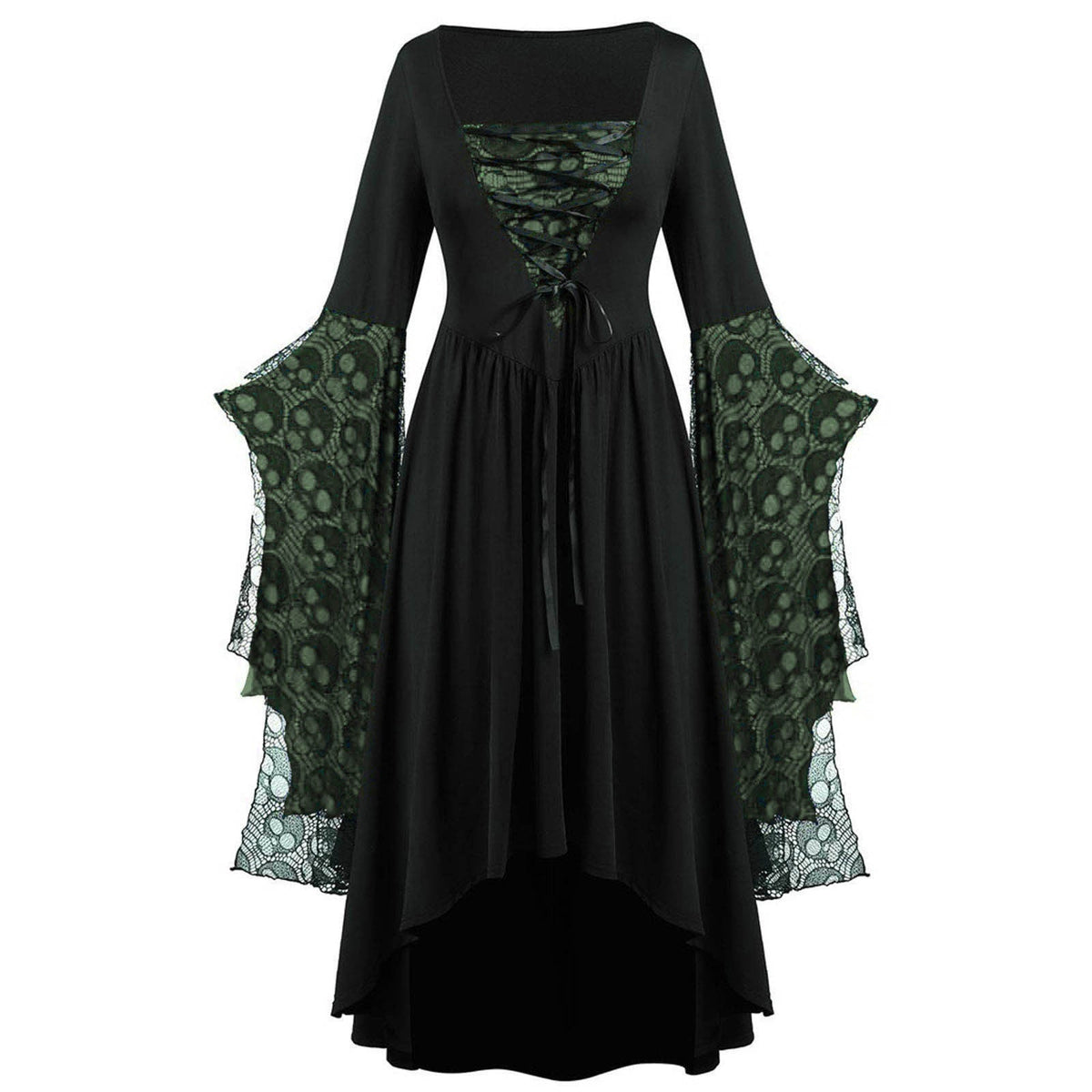 Women's Lace Sleeve High-Low Maxi Dress – Square Neck Lace Up Evening Dress for Themed Parties and Special Occasions