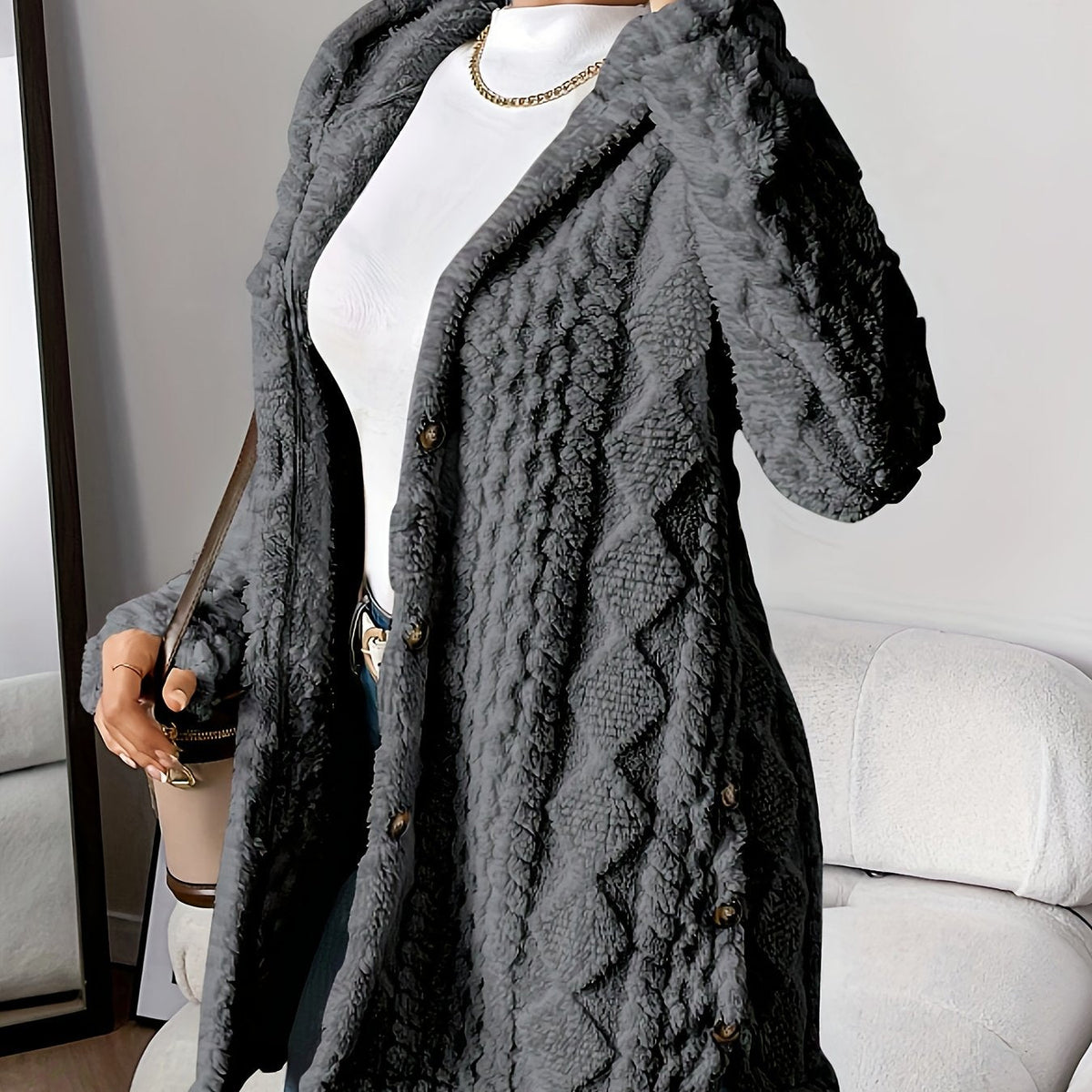 Women’s Longline Textured Knit Cardigan with Button Front – Relaxed Warm Layer for Autumn and Winter