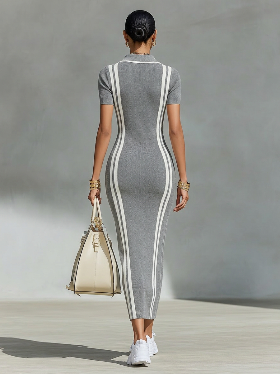 Women's Grey Short Sleeve Stretchy Knit Zip Polo Collar & Bodycon Vertical Side Stripes Maxi Dress