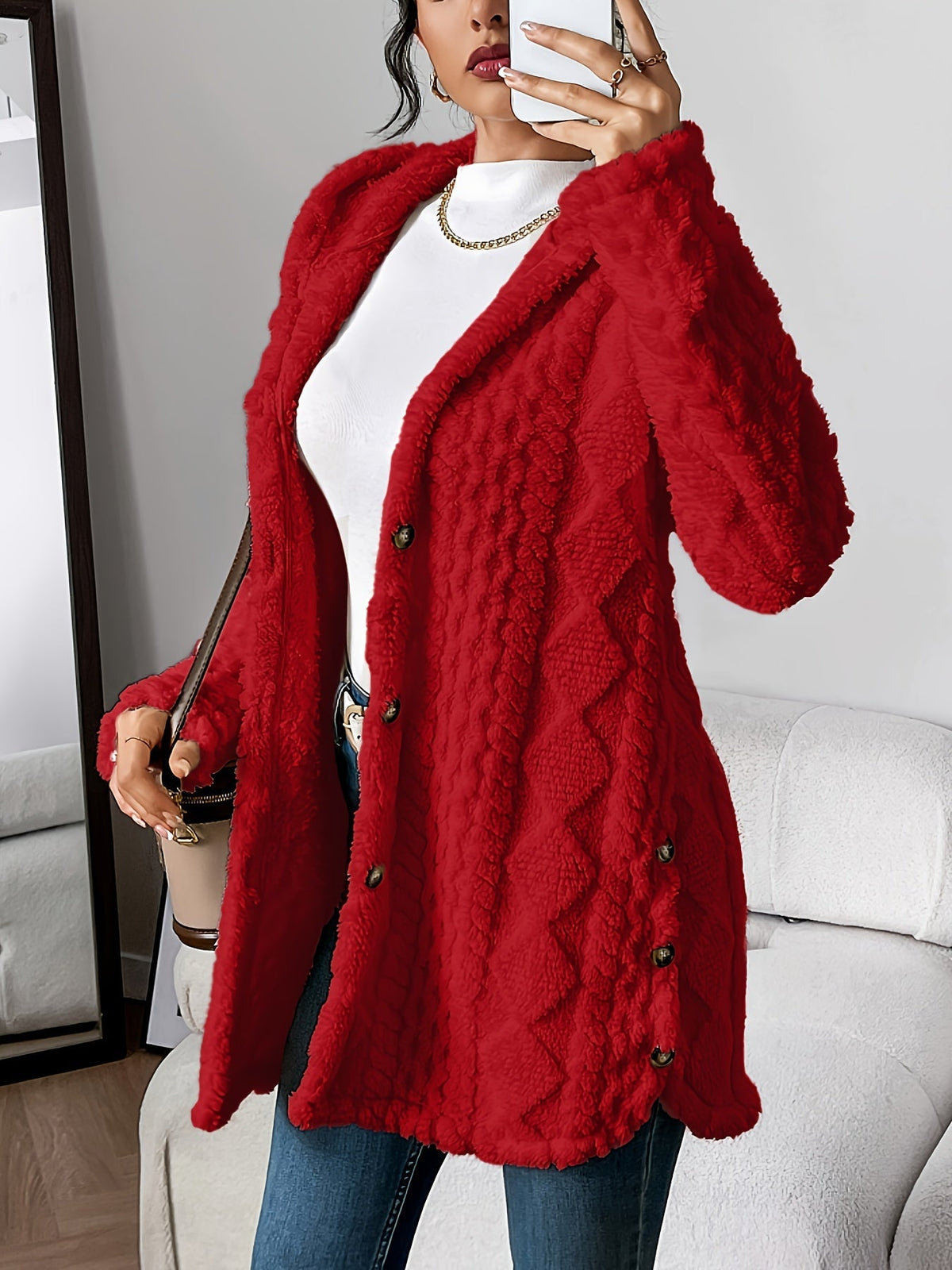 Women’s Longline Textured Knit Cardigan with Button Front – Relaxed Warm Layer for Autumn and Winter