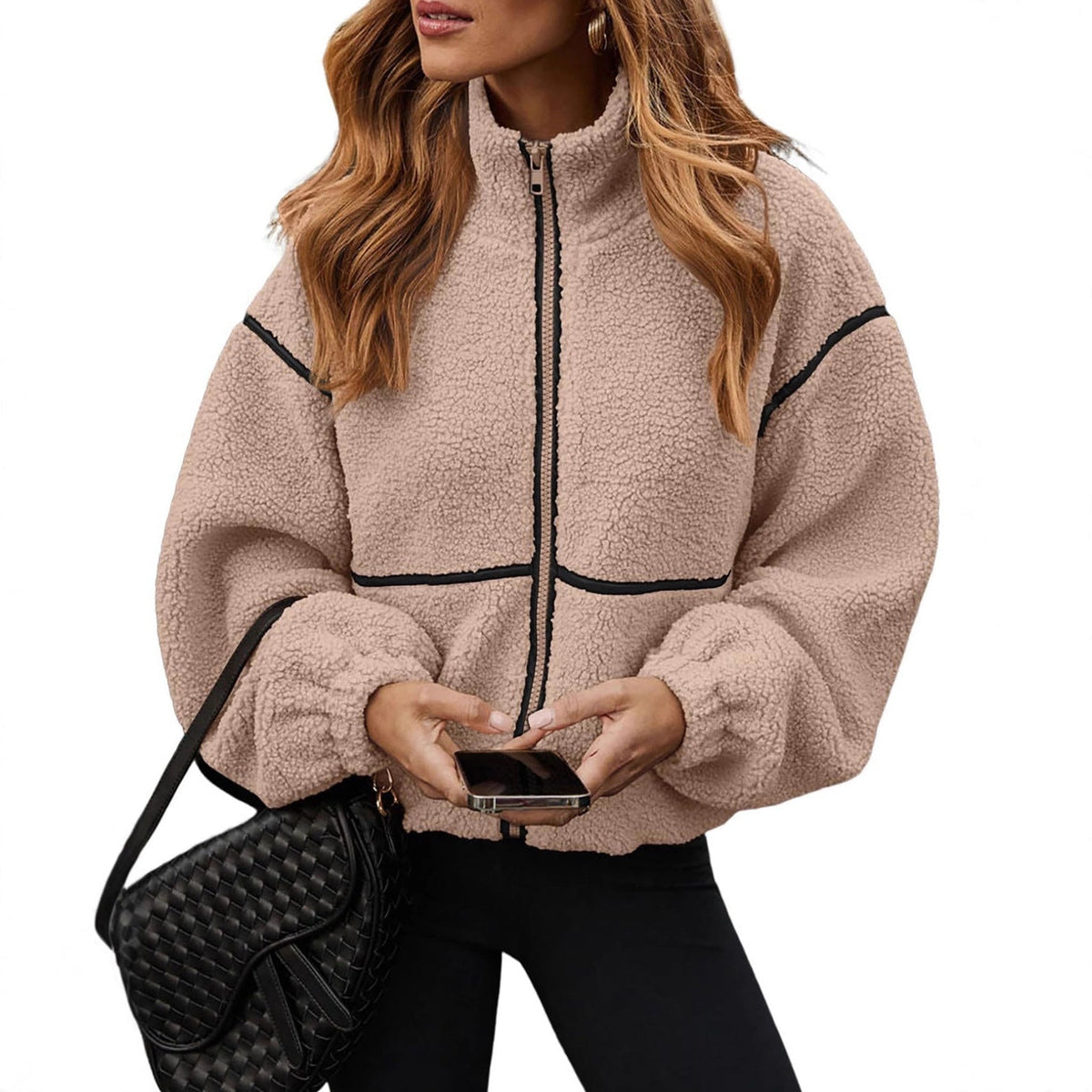 Women’s Plush Teddy Fleece Zip-Up Jacket with High Stand Collar and Contrast Piping – Cosy Relaxed Winter Outerwear for Everyday Wear
