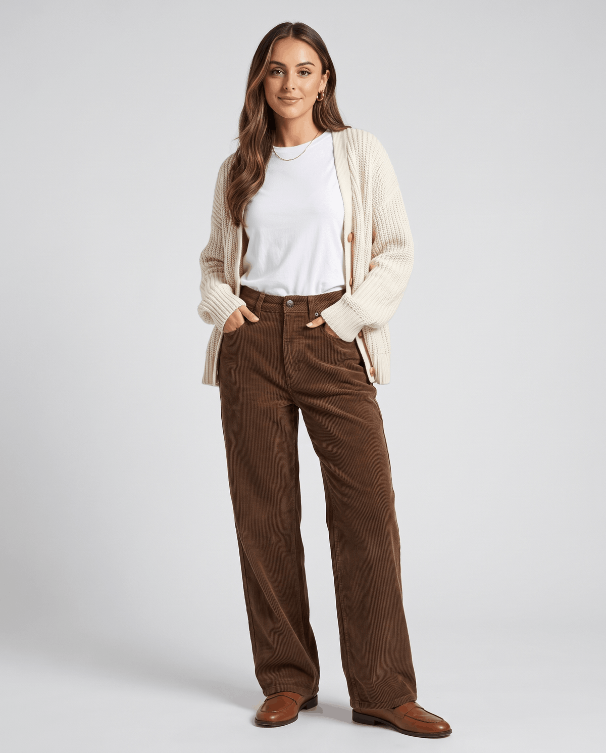 Baggy Wide-Leg Corduroy Pants – High-Waisted, Button Front & Patch Pockets | Ava