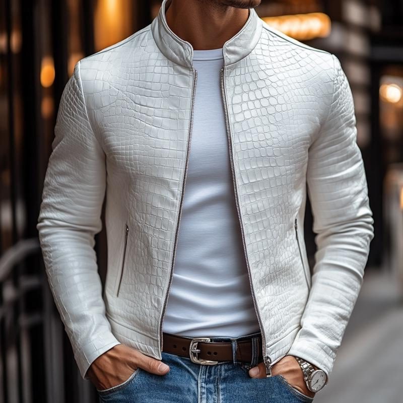 Basil | Men's Crocodile-Embossed Leather Biker Jacket with Stand Collar